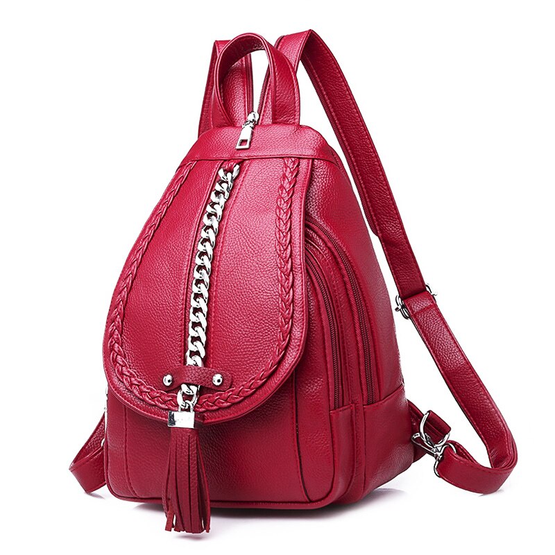 Weibliche Rucksack Leder Frauen Tasche Schule Mädchen Rot Bagpack Quaste Multifunktions Tasche Wasserdicht