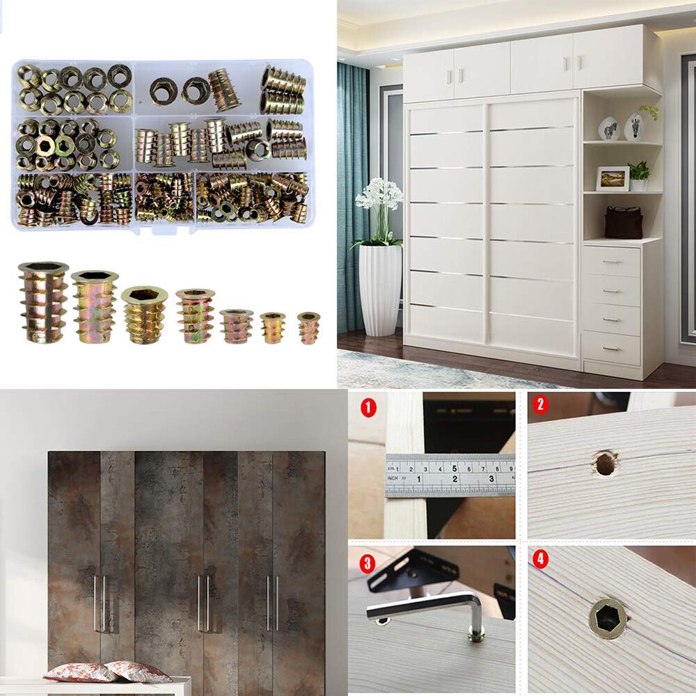 130pcs Metric Threaded Inserts Nuts Assortment Tool Kit Zinc Alloy Furniture Bolt Fastener Connector Hex Socket Screw Inserts