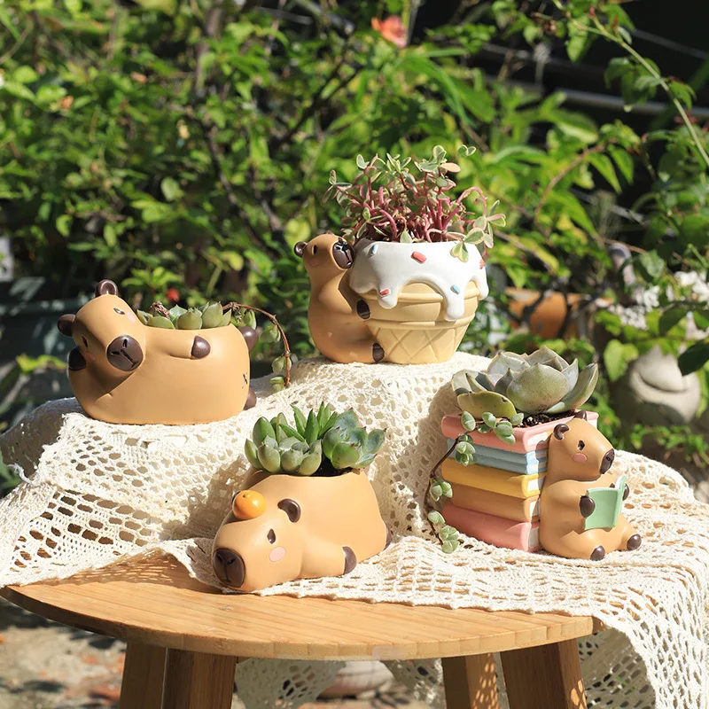 Bonito capivara pequeno vaso de plantas resina suculenta plantador para mesa escritório em casa mini ornamento jardim fadas vaso decoração