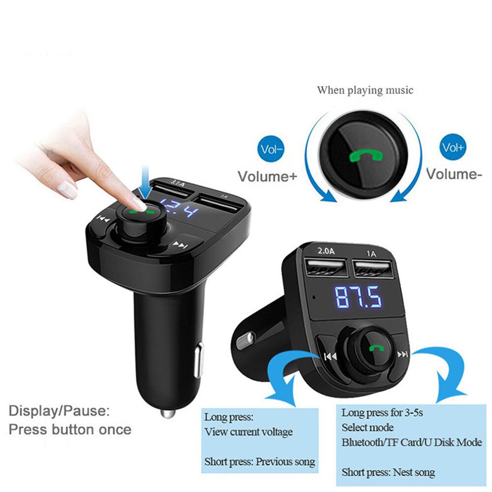 Auto-fm-transmitter mit bluetooth 5.0,  mp3- player-modulator, adapter, batteriespannung, tf-karte, freisprecheinrichtung, dual-usb, smart-chip #y3