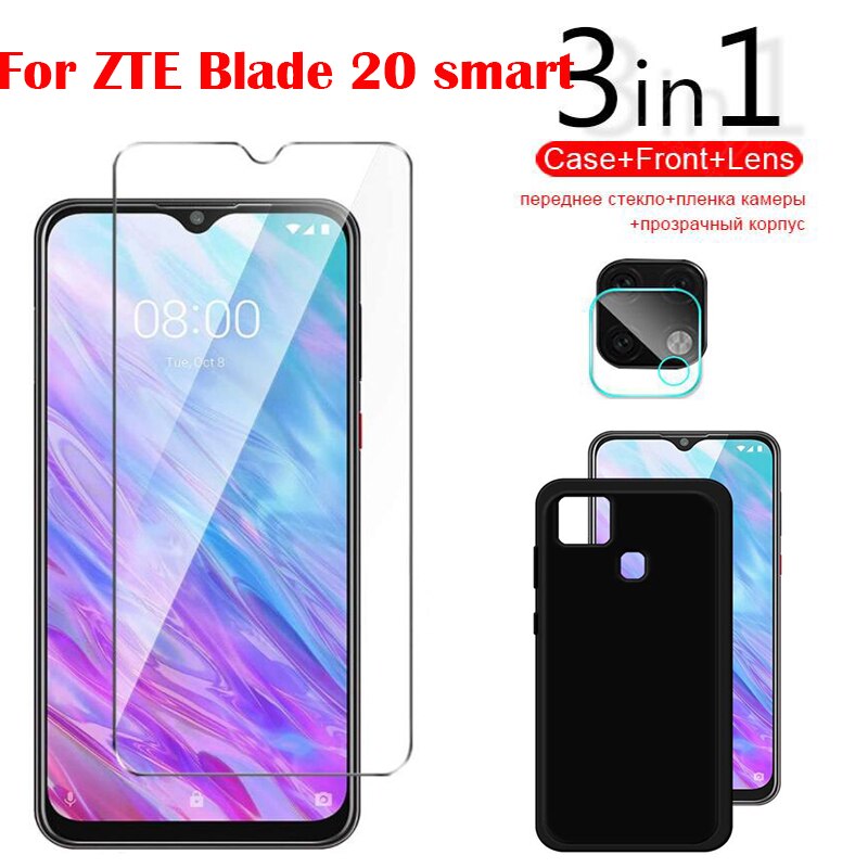 3-In-1/Siliconen Case Voor Zte Blade 20 Smart V1050 Gehard Glas Camera Screen Protector voor Zte Blade 20 Smart: 3 in1 black case