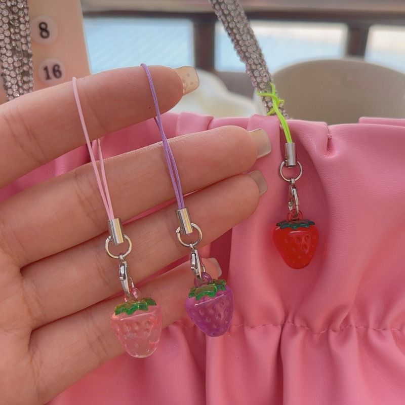 Cute Strawberry Charm for Phone Kawaii Pendant Mini Fruit Lanyard Keychain Bag Zipper Pull Accessory Set Red Pink Purple