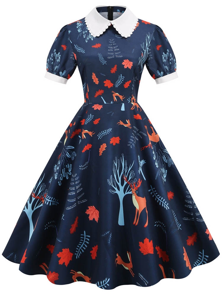 Floral Printed Summer Dress for Women Peter Pan Collar Vintage Midi Sundress Casual Party Dress with Puff Short Sleeves: XXXL / Orange
