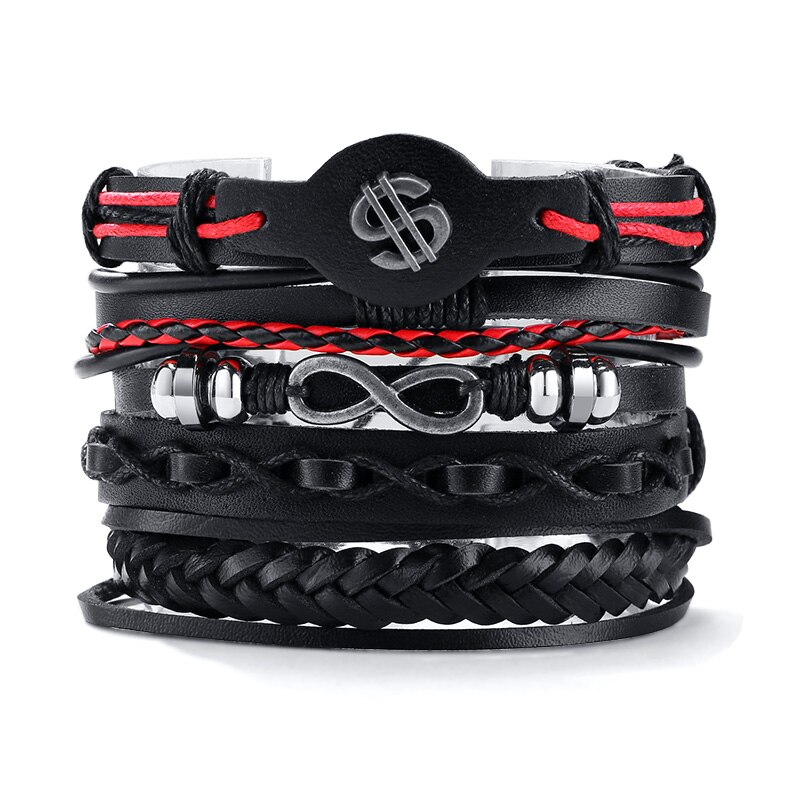 Vintage Infinity Dollar Sign Multilayer Lederen Armbanden Mannen Mode Gevlochten Handgemaakte Ster Touw Wrap Armbanden Mannelijke: Infinity dollar sign