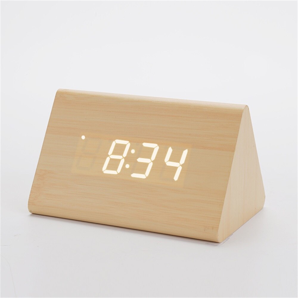Alarm Clock Wooden Desk Digital Clocks Sound Control Snooze Bamboo LED Clock Thermometer Home Decor Unique: White