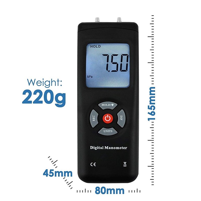 Digital Handheld Pressure Gauge with Backlight, 1-2 Duct Ventilation Air Condition System Measurement