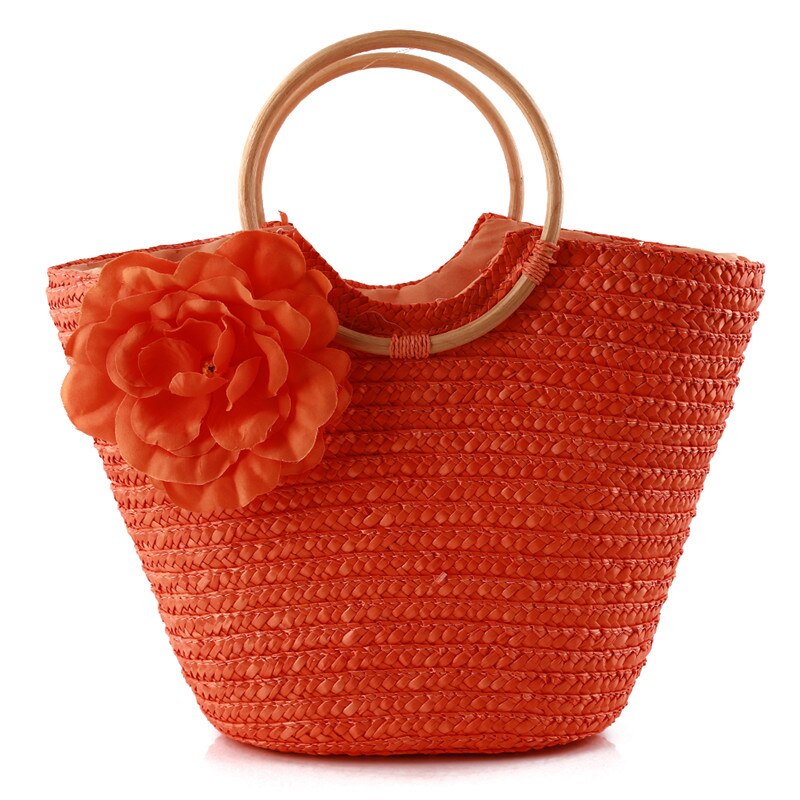 Beach Rattan Straw Polyester Bag Leisure Straw Craft Paper Weaving Handbag Beach Bag: Orange
