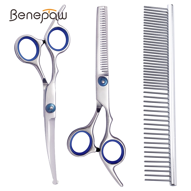 Benepaw Stainless Steel Dog Scissors Set Ergonomic Safe Round Tip Pet Grooming Comb Curved Scissors Thinning Shears