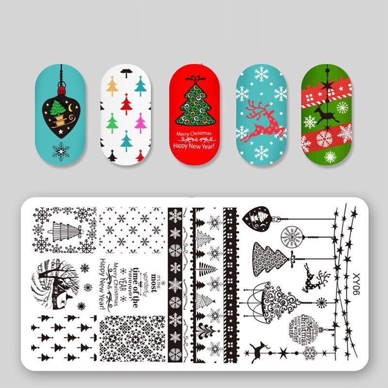 Nagel Stanzen Platten Weihnachten Schneeflocken Elch Glocke Santa Claus Winter Nail art Stempel Vorlage Bild Platte Schablone Maniküre Werkzeug: xy6