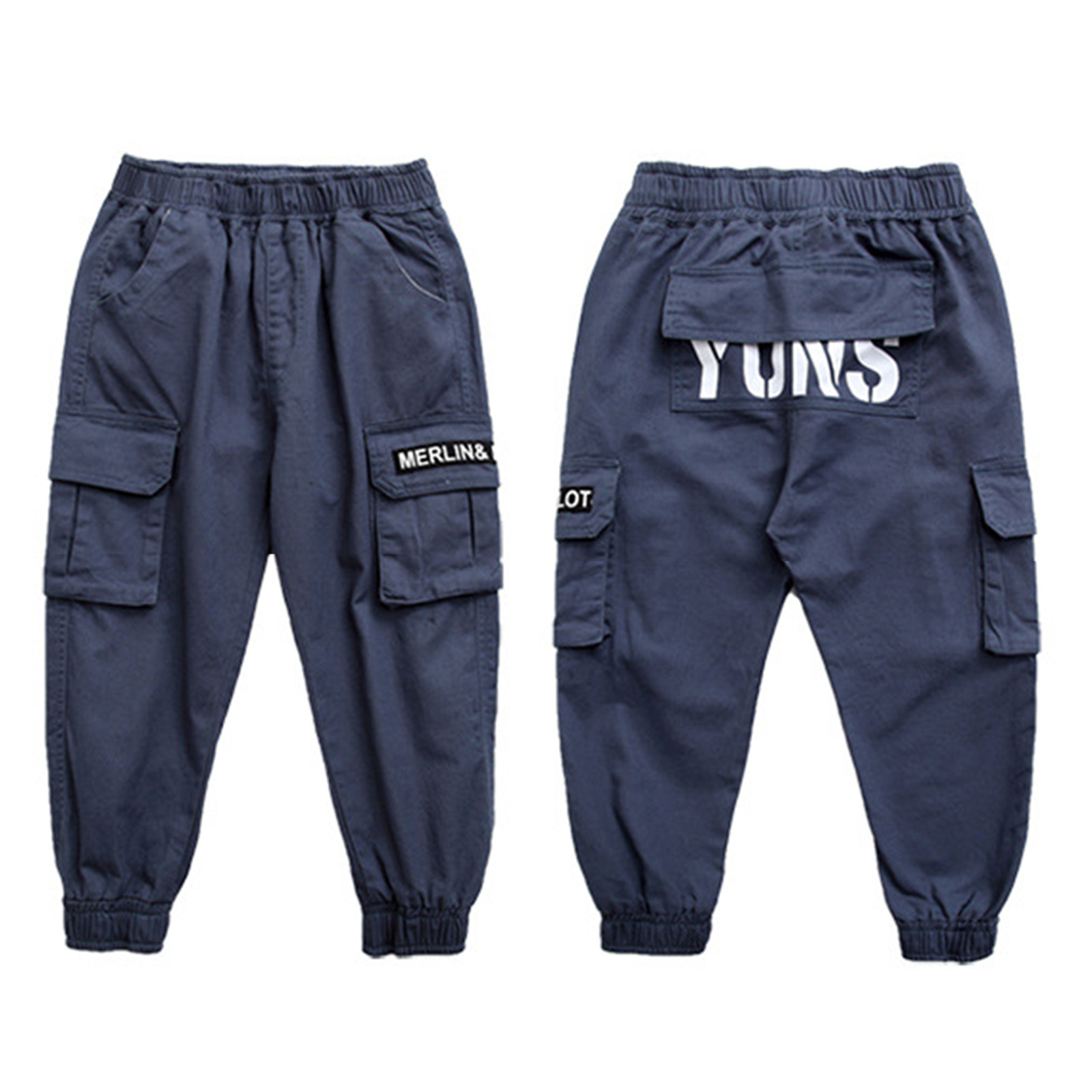 Kids Boys Cargo Pants Elastic Waistband Big Flap Pockets Trousers with Letter Print Loose Cargo Joggers for Daily Wear: Navy Blue / 120