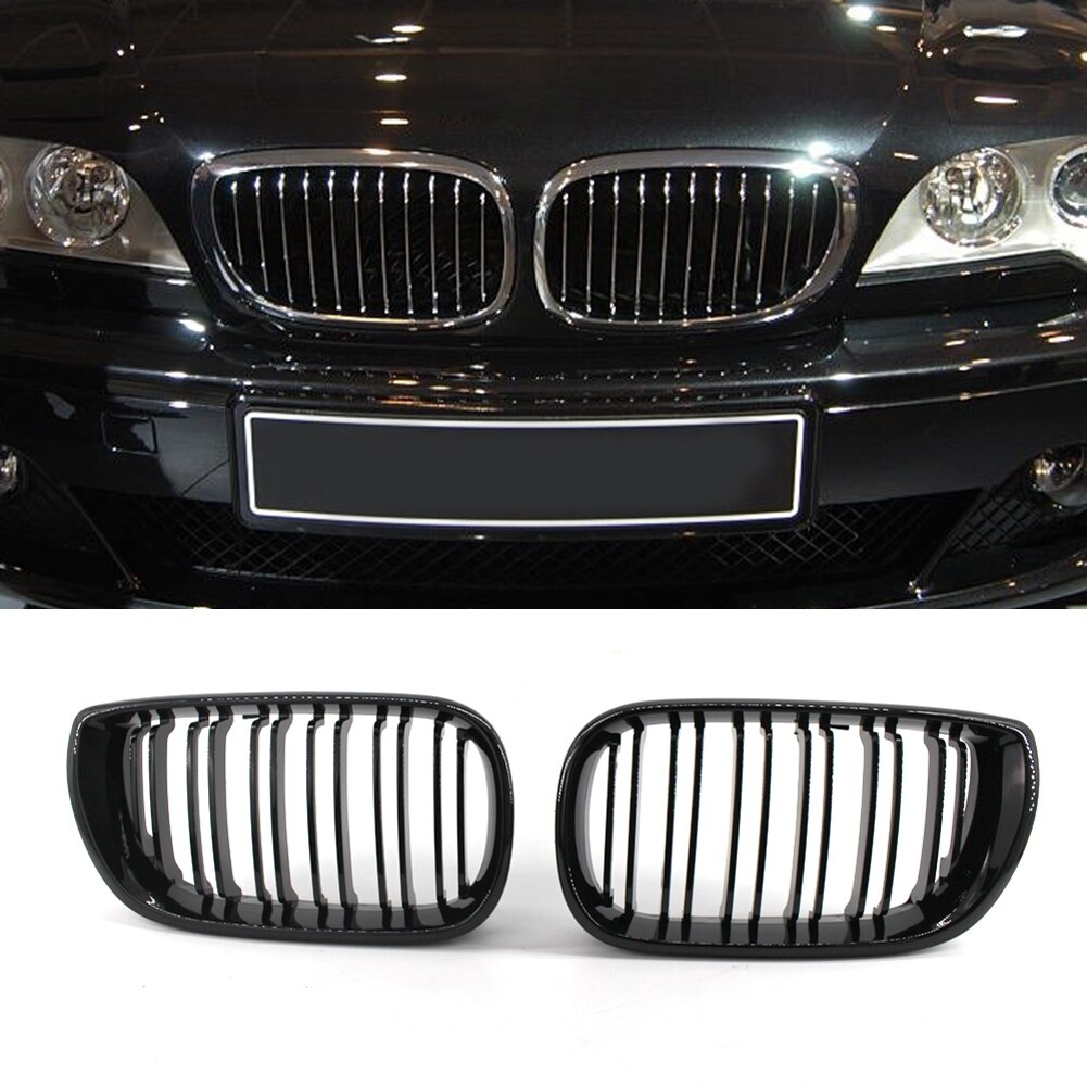 1 Paar Auto Grille Grill Dual Slat Nier Grille Gloss Black Voor Bmw E46 3 Serie 4 Deur 2002-2005 Dubbele Lijn Nier Grill