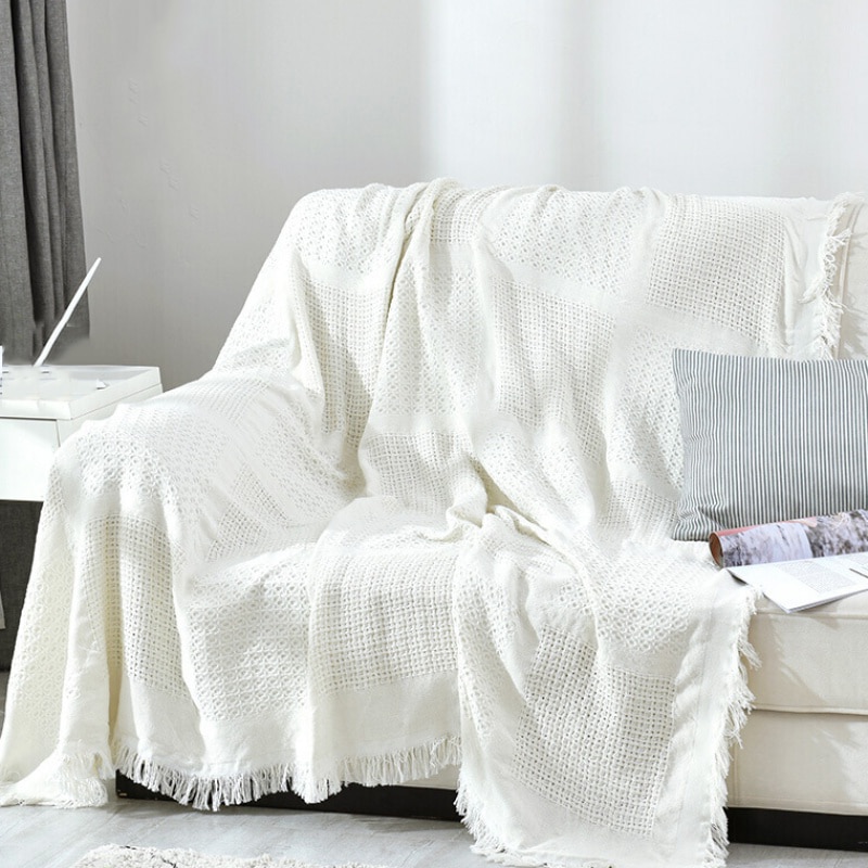 Couverture de canapé blanc solide | Couverture de voyage en coton, couverture d'avion, couvertures tricotées en Jacquard avec glands, couverture jeter pour canapé