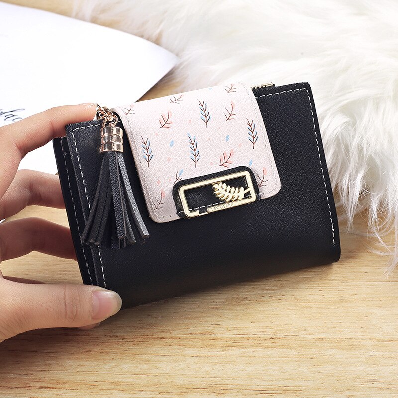 Kwasten Korte Portemonnee Tas Voor Vrouwen Pu Lederen Clutch Tassen Leuke Koreaanse Kaarthouder Vrouwelijke Vouwen Kleine Portemonnee bolsas: black