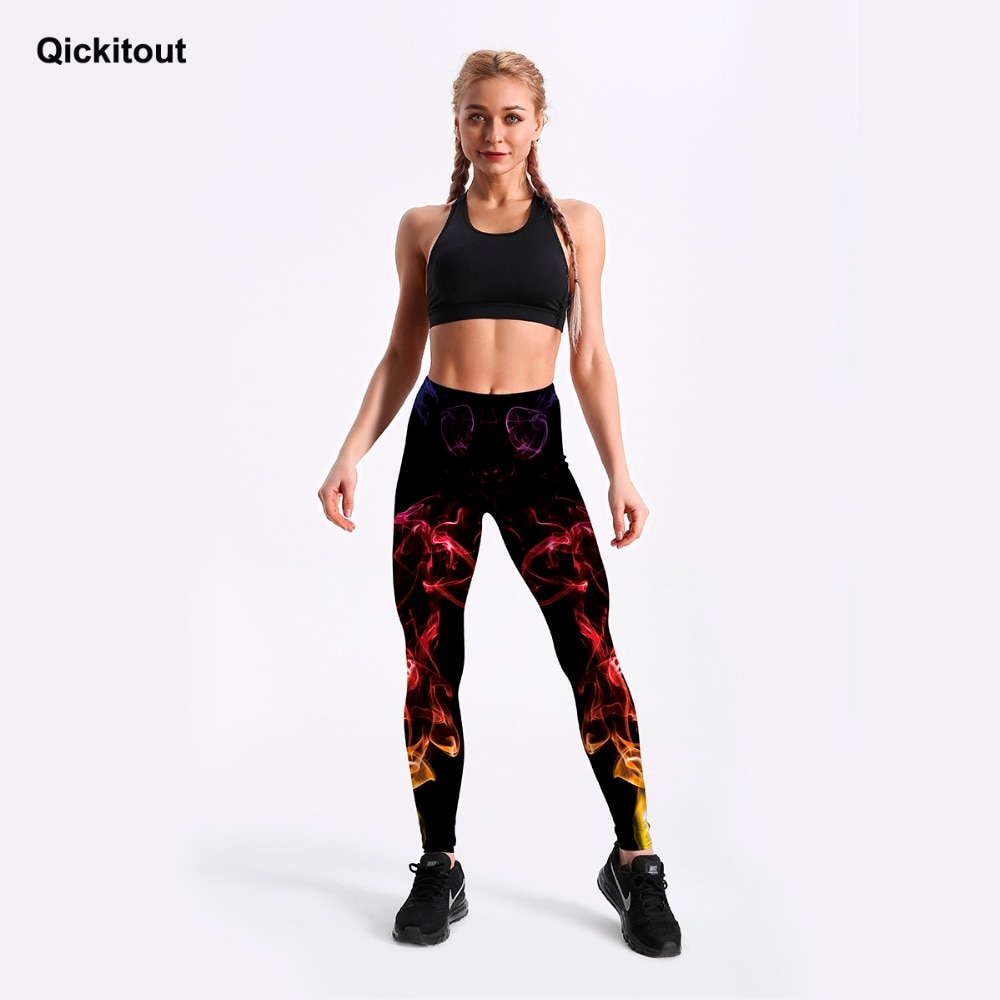 Qickitout 3d digital neon trykt til kvinders leggings sort slank fitness leggings midt talje ankel længde bukser afslappet træning