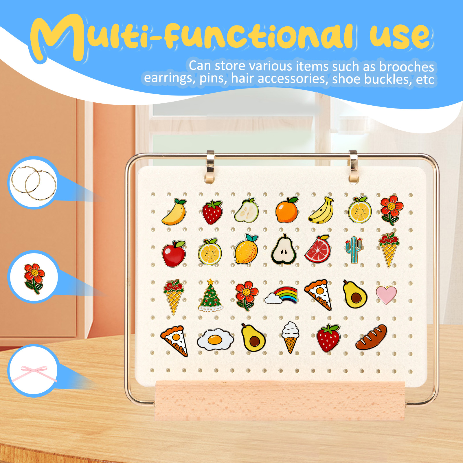 Pin Display Organizers Earring Hair Clip Flip-style Storage Holder Brooch Badge Collection Calendar Wooden Stand with 6 Pages