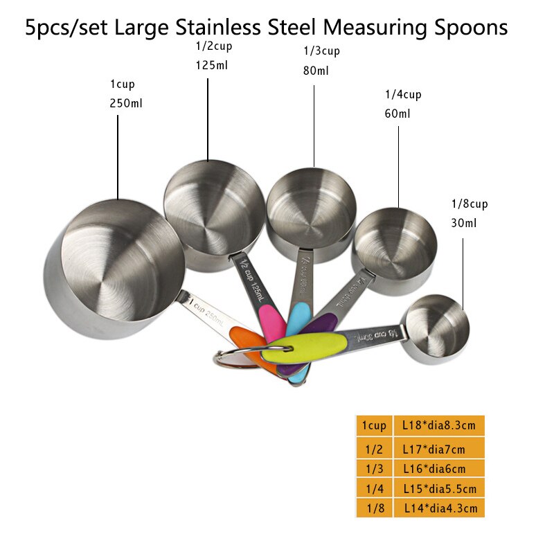 5/10 pcs/set Maatbeker Set 430 Roestvrij Staal Meten Lepel Met Siliconen Handvat Opvouwbare Cake Bakken Meetinstrument: 5pcs large