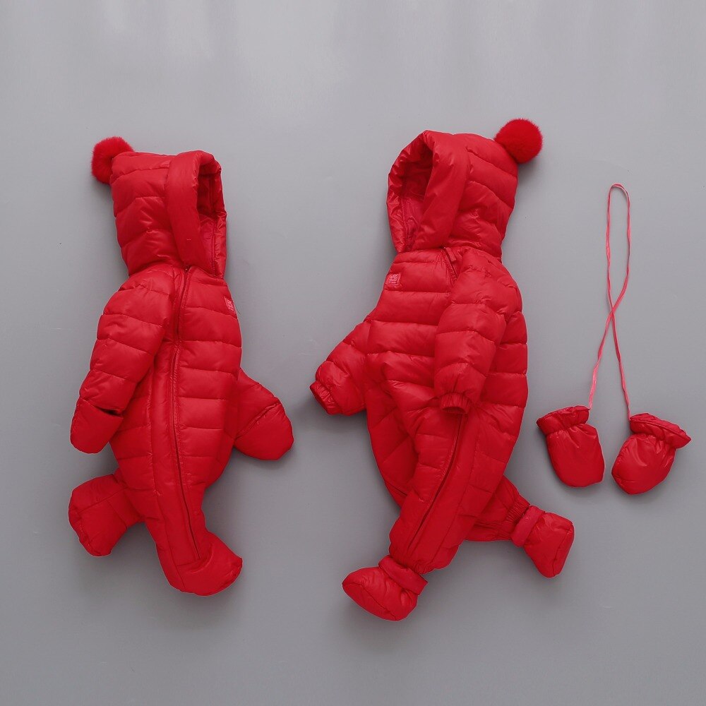 winter Year Baby jumpsuits red christmas feather down jackets for girls clothing with hooded baby boy rompers