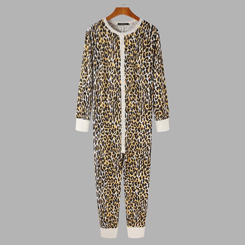 Uomo pigiama tuta stampa leopardo manica lunga O collo Fitness da notte accogliente tempo libero pagliaccetti uomo Homewear tuta INCERUN S-5XL: S