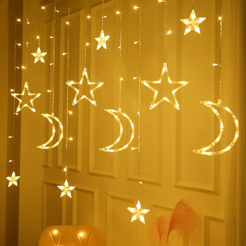 Ster En Maan Led Kerst Decoratie Licht Fairy Verlichting Gordijn Licht String Garland 8 Modes 220V Eu Plug Slaapkamer decor Lamp
