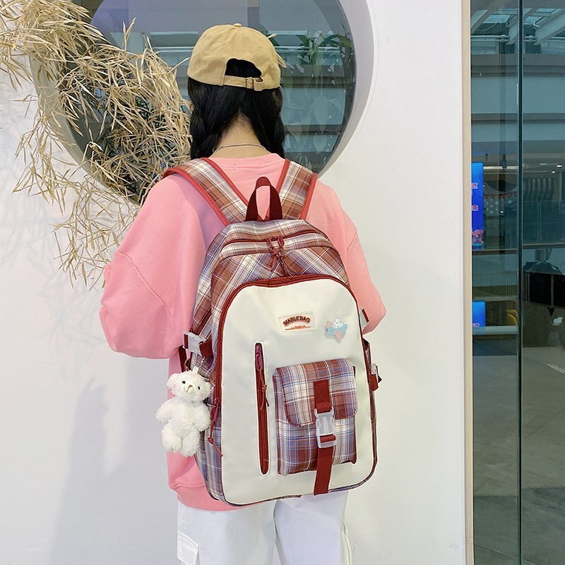 Mochila con patrón a cuadros de gran capacidad para estudiantes, bolso escolar Morado para chicas, mochila de viaje para el Campus: Rojo / With-Accessories