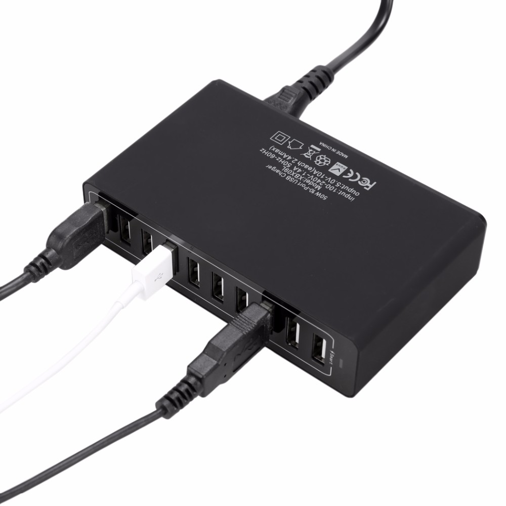 Multi-usb-ladegerät mit 10 anschlüssen, tragbar, multifunktional, universell, mit netzkabel und stecker für us, au, eu und uk.