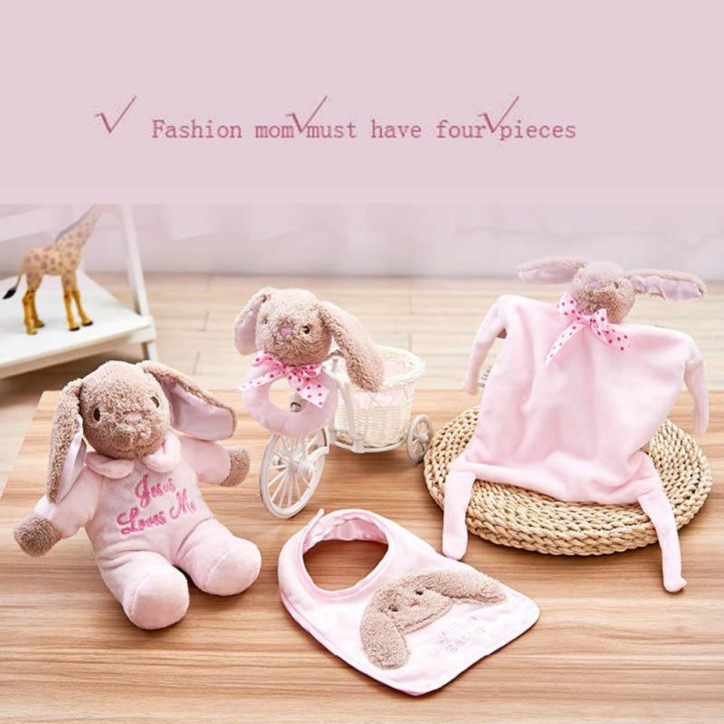 Soft Bunny Huidvriendelijke Bite Baby Benodigdheden 0-5T Vier Stuk Baby Zingen Sussen Handdoek Speeksel handdoek Bib Hand Rammelaar