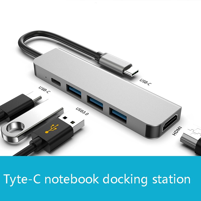 Station d'accueil 5-en-1, adaptateur de convertisseur d'interface TYPE-C vers USB3.0X3 + 4K HDMI + PD, prise en charge de l'ordinateur TYPE-C canaux