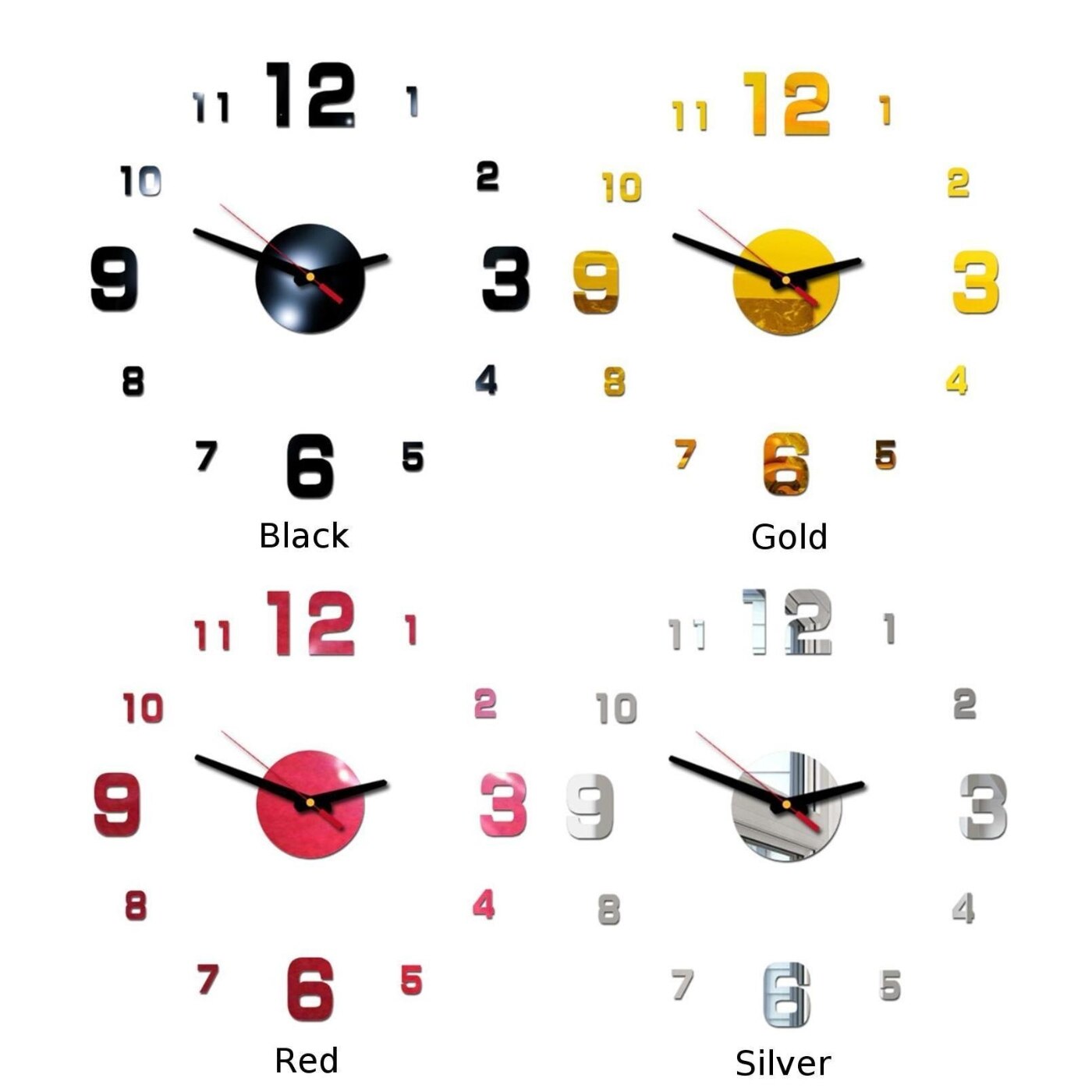 3D Acrylic Wall Clock Mirror Surface Sticker Home Office Room Decoration Red, Black, Gold, Silver (As Pictures Show)