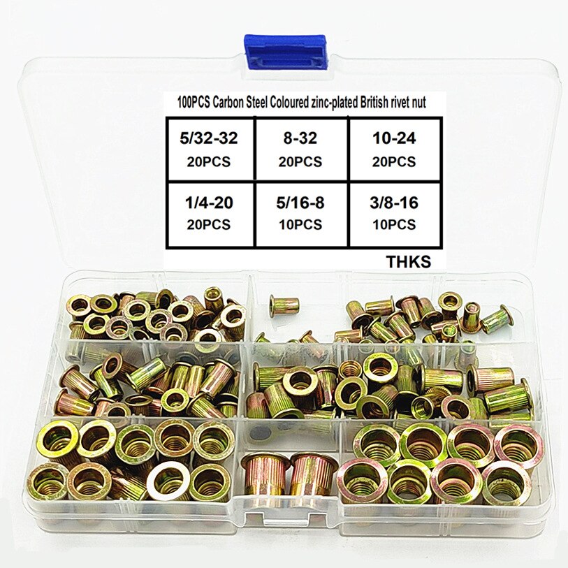 100pcs/box 1/4-20UNC Amercian standard Yellow Zinc plated Inch thread Rivet Nut Insert nut Carbon Steel Flat Head Rivet nut