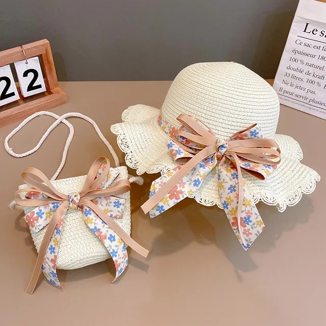 2024 neue Sommer Mädchen Strohhut Set Handtasche neue Blume Sonnenhut Strohhut Sonnenhut Kinder Mädchen Baby Strohhut Sombrero Sunset: Orange