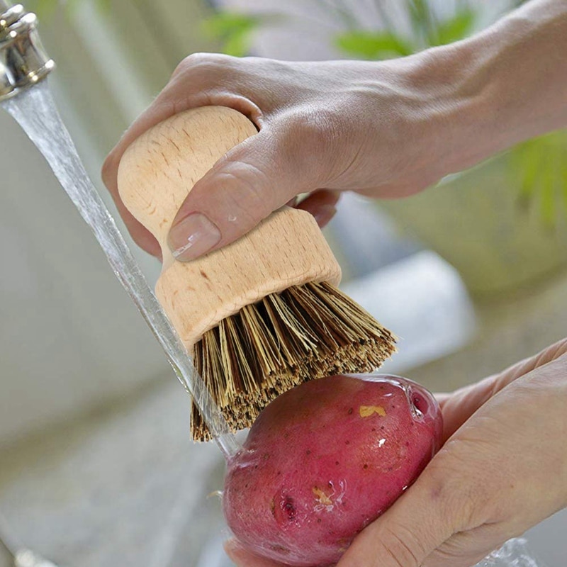 Juego de cepillo de limpieza a base de plantas de 4 piezas, madera de haya y cerdas de coco, sartén de madera y cepillo para limpiar ollas, cepillo de botella, plato B