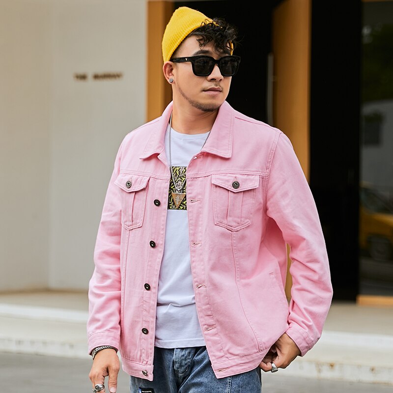 Oversized men's denim jacket in autumn Pink denim jacket men spring and autumn men's oversized denim jacket
