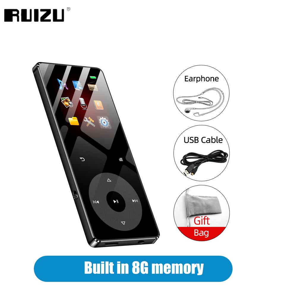 RUIZU – lecteur MP3 Hifi à écran tactile X02B, avec Bluetooth 5.0, haut-parleur intégré, Support de carte TF, Radio vidéo, enregistrement, Ebook: 8G Black