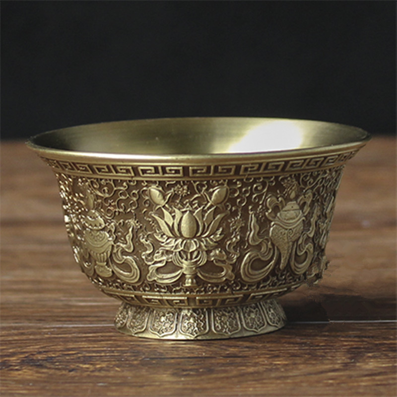 Gunstige Exquisite Tibetaans Boeddhisme Messing Carving Tall Cup Bidden Boeddha Gepolijst Heilige Kom Thuis Decoraties