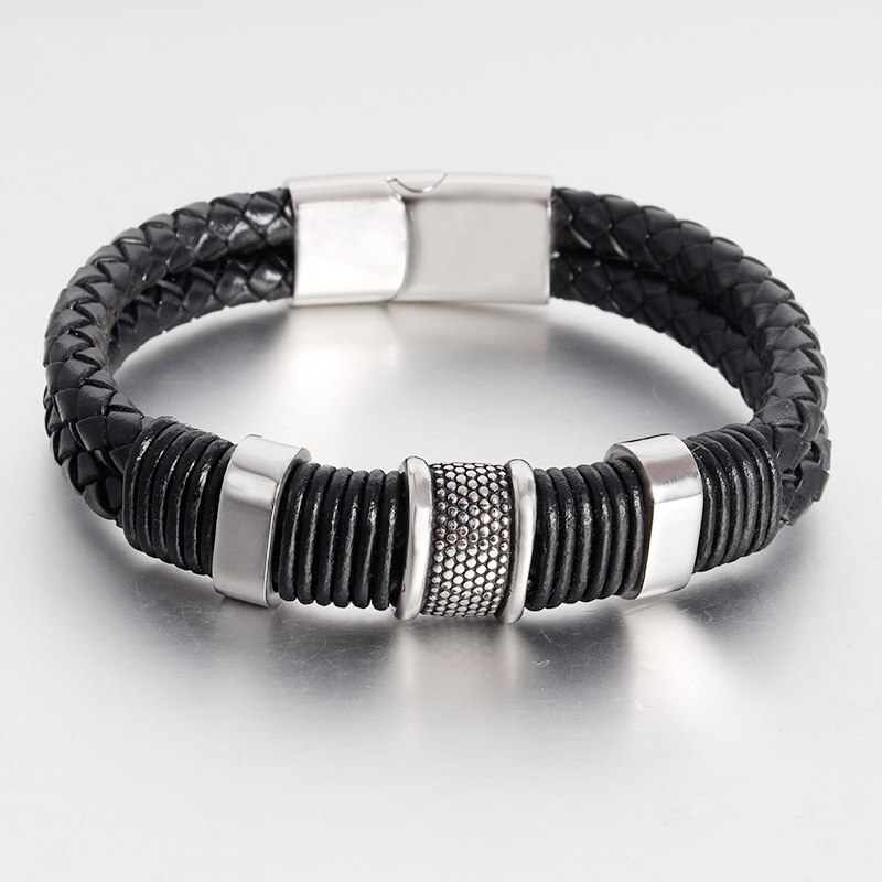 Pulseras de cuero trenzadas para hombre, pulsera de cadena de cuerda multicapa negra, cierre magnético de acero inoxidable, de joyería para hombre