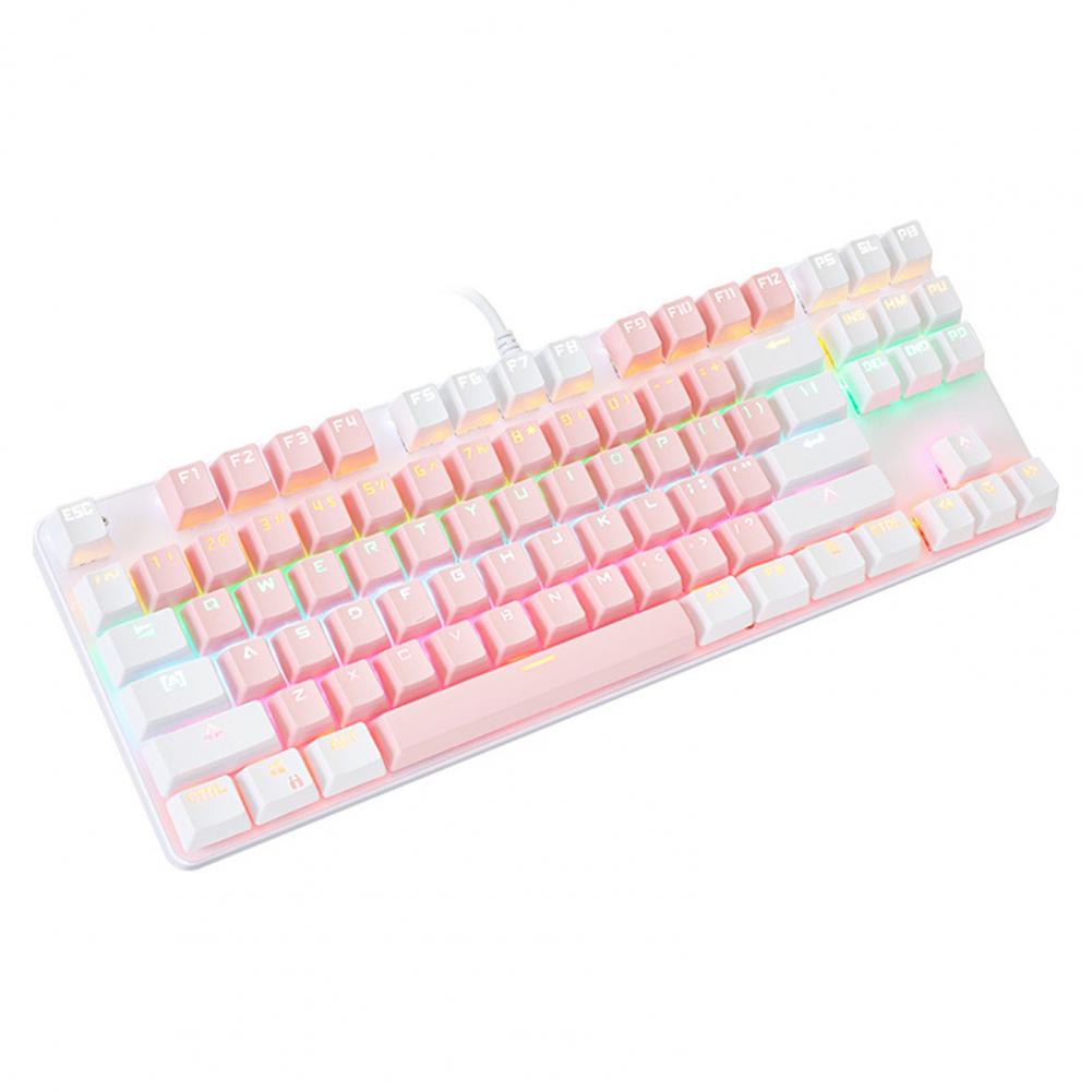 K100 87 Keys USB Backlight Green Shaft Office Home Gaming Mechanical Keyboard: Pink White