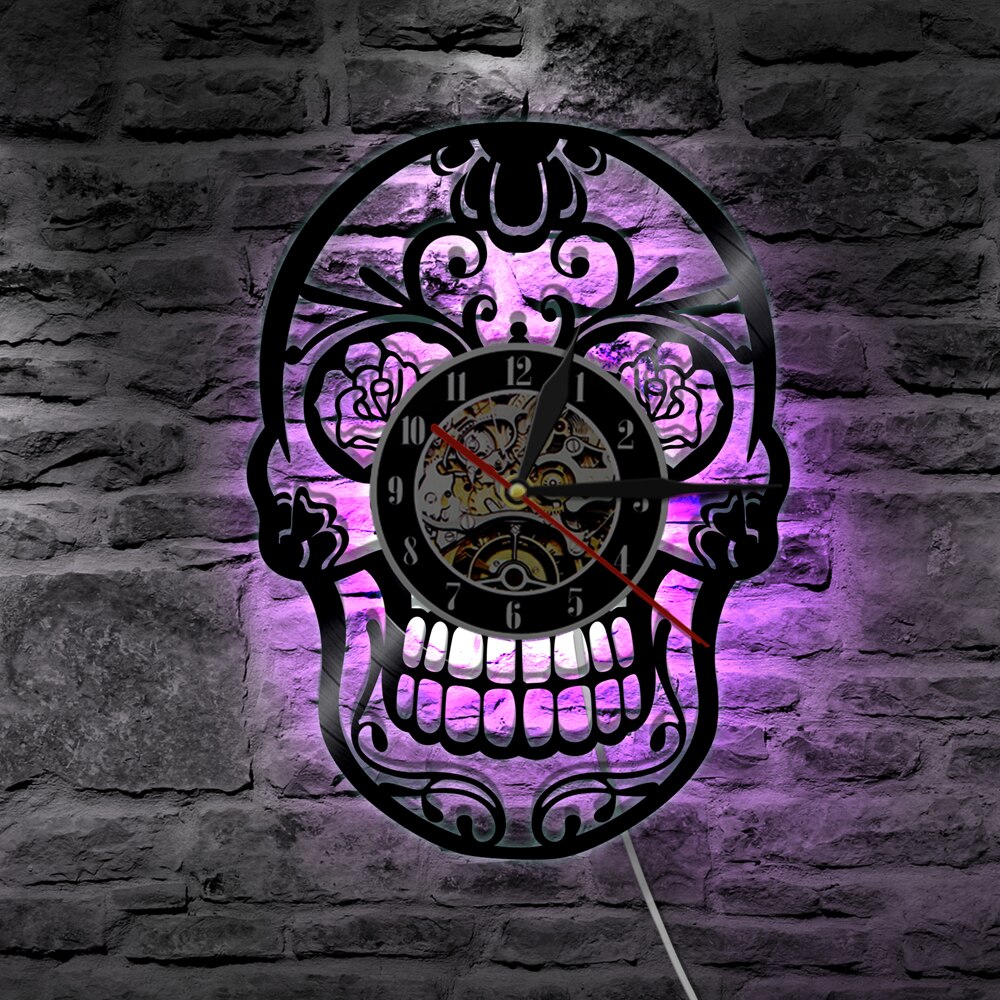1Piece The Day of Dead l Wall Clock With Led Lighting Gothic Sugar Skull Clock Home Decor reloj digital pared Clock kitchen