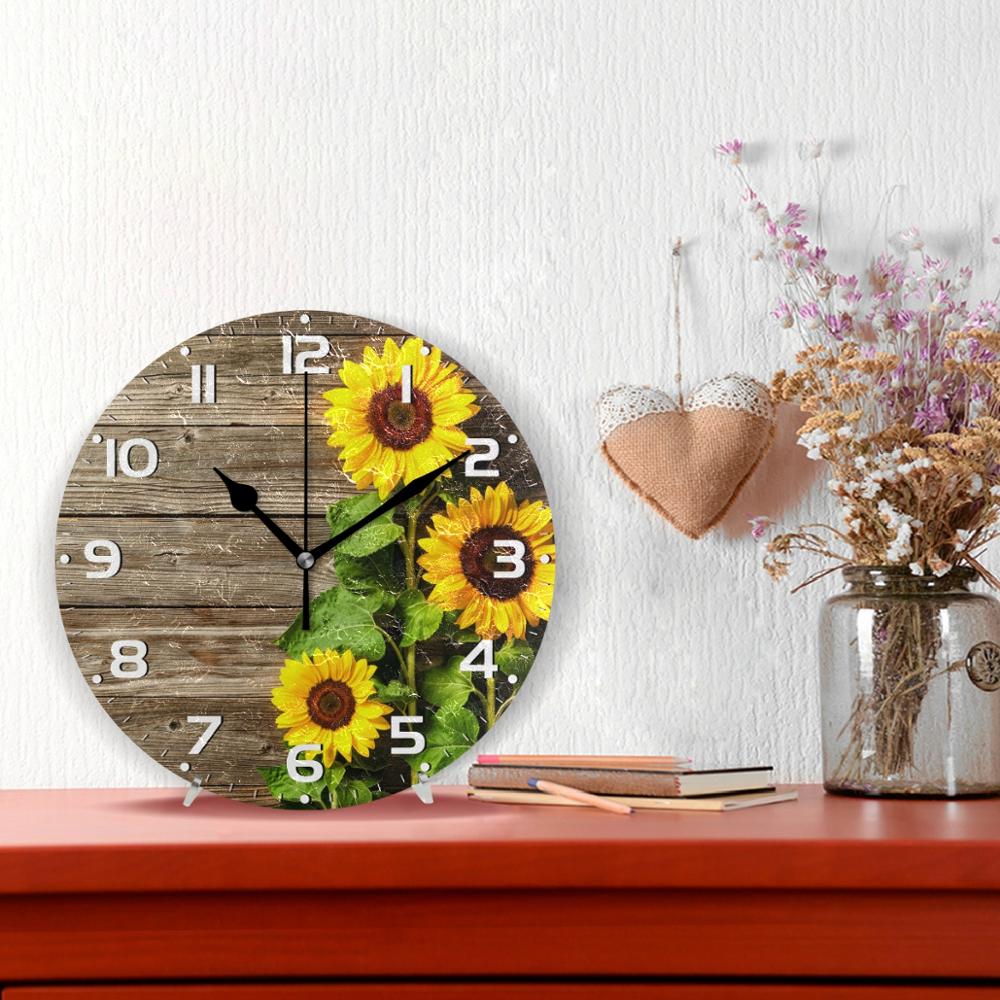 3D Sonnenblumen Jahrgang Holz Druck Runde Wanduhr Schweigen Zauberstab Uhr Batterie Betrieben Quarz Analog Ruhig Schreibtisch Uhr für Heimat