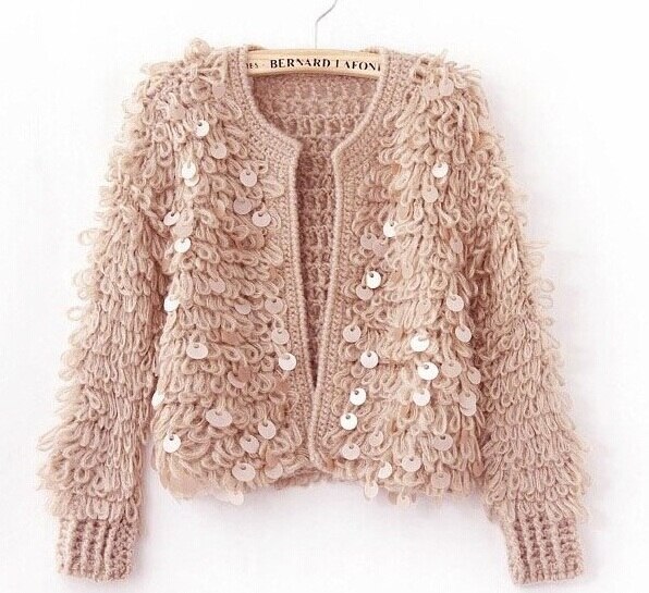 Kvinde pailletter mohair hulstrikket cardigan sweater kvaster jakke paillet kort frakke open stitch streetwear: Beige