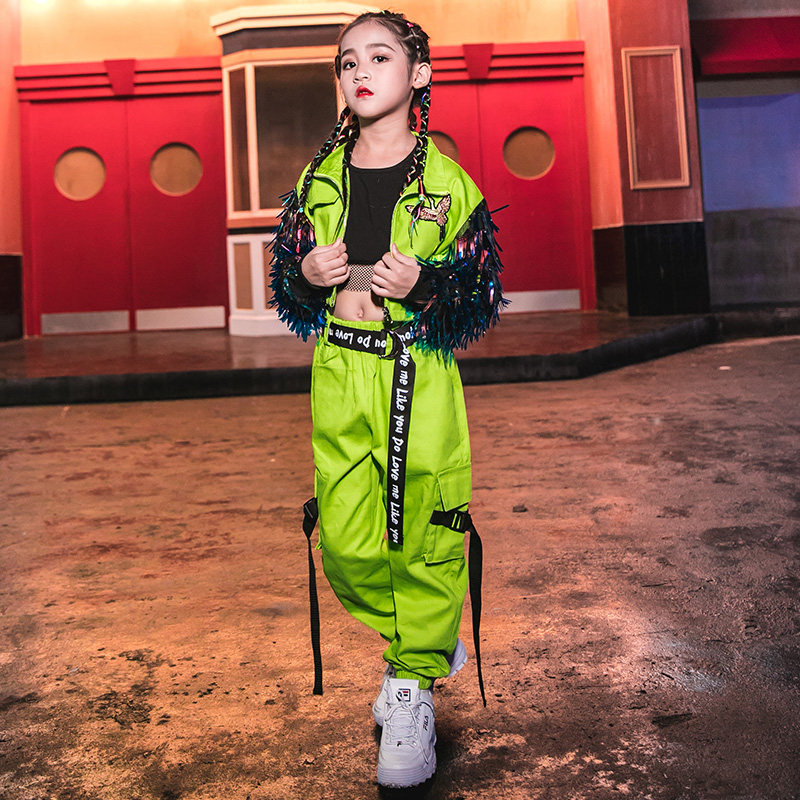 Hip hop dans kostumer fluorescerende grøn kvast frakke piger jazz tøj børn street dans scene performance slid  dn4099