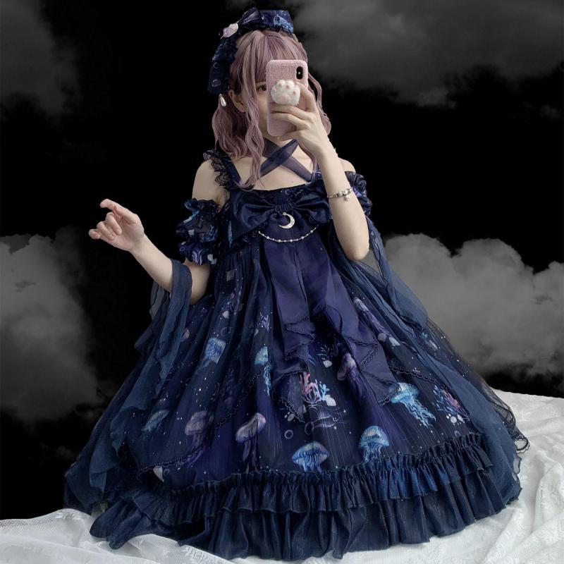 Soft Girl Cute Cartoon Cat Print Jsk Lolita Dress Japanese Sweet Lolita Dress Women Harajuku Chic Lace Tulle Bow Tea Party Dress: Dark Blue Suit yarn / S