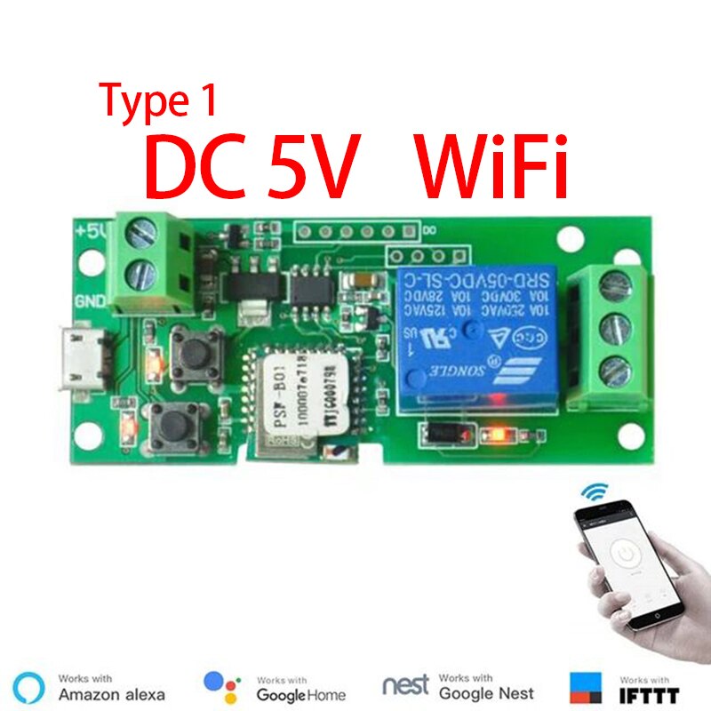 Dc 5V 7V-32V 250V Ewelink Diy Wifi Relais Module Schakelaar Ondersteuning Tippen Self-vergrendeling Interlock Modus Voor Verlichting: 1CH 5V WiFi