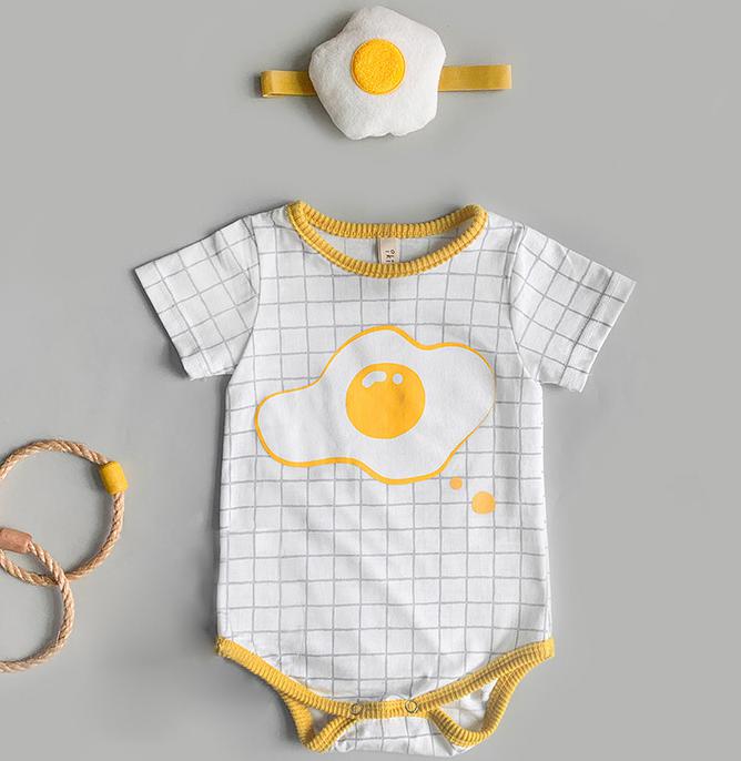 Body d'été en coton pour bébés garçons et filles, vêtements à carreaux, œufs pochés, motif de dessin animé, à la , avec bandeau à fleurs,: 6M