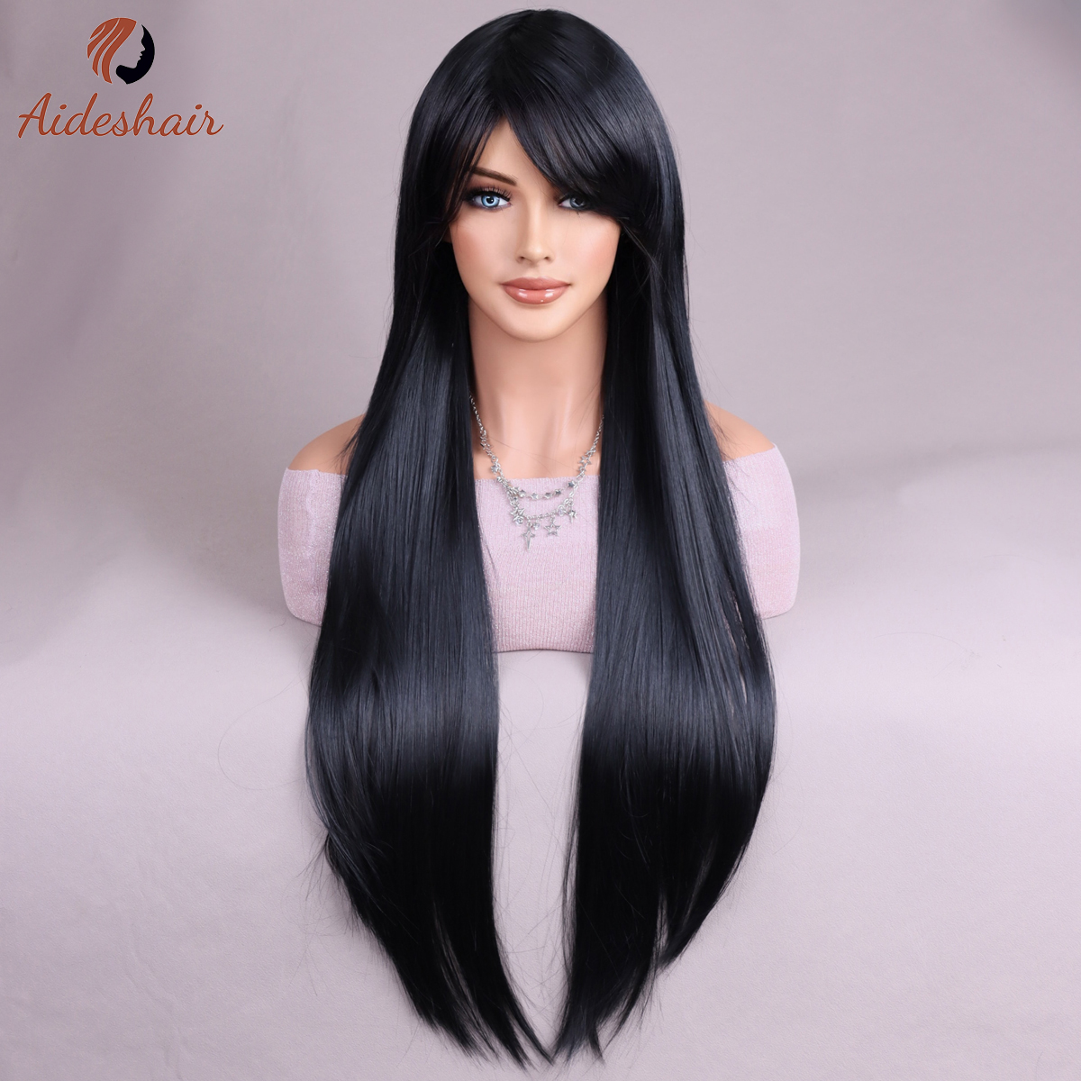 Parrucca lunga diritta europea e americana multicolore di Halloween per donna Parrucca sintetica in fibra resistente al calore per cosplay quotidiano: Natural Black