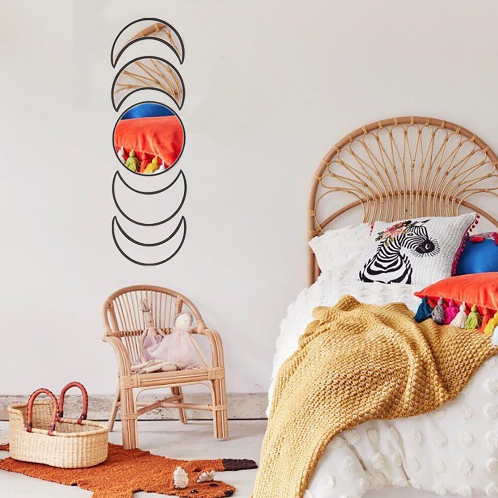 5 unids/set Estilo nórdico forma de luna fase de Madera acrílico montaje en pared espejo sala de estar dormitorio Decoración