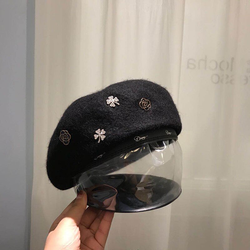 Boina de lana con abeja de cristal para mujer, gorro de lana para invierno, otoño y primavera, color sólido, Boina de