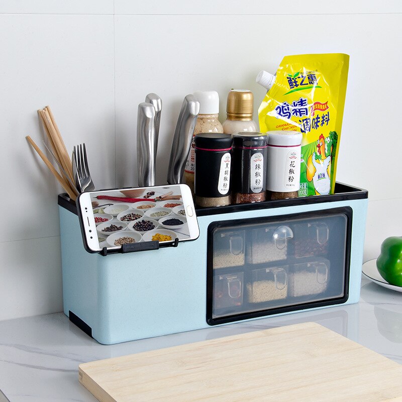 Cremalheira de especiarias de parede material de grau alimentício multi-função cremalheira tempero de baunilha jar armazenamento rack de cozinha caixa de armazenamento: Desktop-Blue