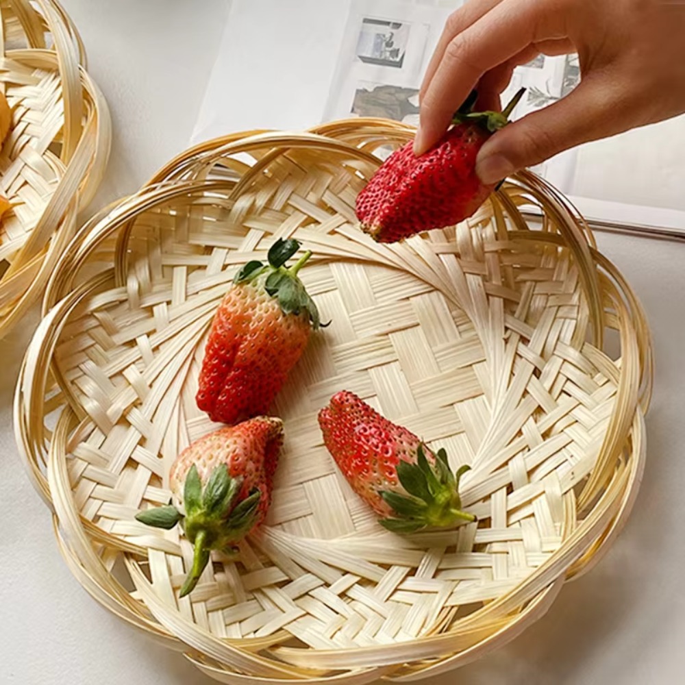 Multifunctioneel handgemaakt bamboe broodbakje geweven ronde dessertbord Japanse retro sushi serveerschaal koffie