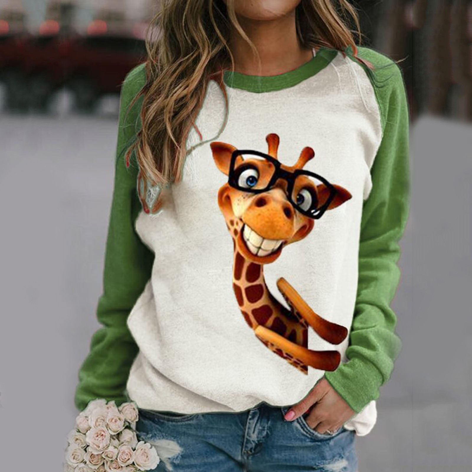 Femmes col rond confortable girafe imprimé ample haut manches longues femme pull décontracté sweat-shirt: XXXL
