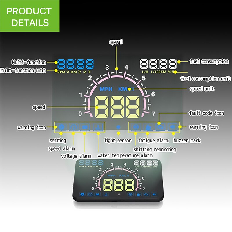 Onever auto hud 5.5 '' head up display obd 2 ii euobd bil fortkörning varning för hög hastighet varning vindruta projektor hd auto display